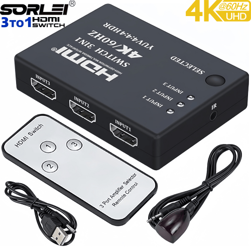 3x1 HDMI Switch 4K@60Hz 3 Port Ultra HD 1080P HDMI Switch 3 in 1 Out HDMI Video Switcher Switch Support 3D IR Remote